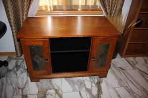 lot 75 image: Oak Media Cabinet with Slate Accents and Adjustable Shelves
