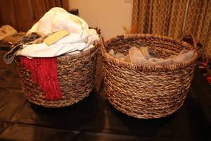 lot 92 image: Set of 2 Woven Baskets Filled with Fabric and Blanket