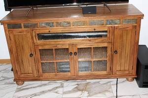 lot 96 image: Wooden Media Console Table with Glass Doors and Tile Accents