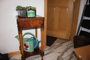 lot 118 image: Antique Side Table with Faux Succulents and Watering Cans