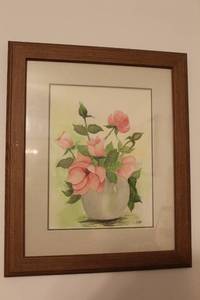 lot 161 image: Framed Floral Watercolor Painting with Wooden Frame