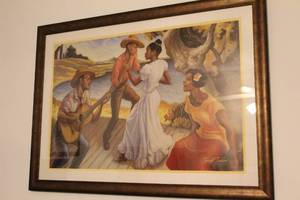 lot 168 image: Framed Artwork by Sarah Jenkins - Dancing Scene with Musicians