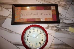lot 184 image: Sterling & Noble Red Wall Clock and Decorative Framed Wall Art Set