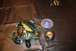 lot 197 image: Unique Art Glass Collection Turtle, Sphere, and Swirling Disk