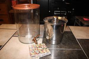lot 203 image: Glass Beverage Dispenser with Wooden Lid, Ice Bucket, and Coasters Set
