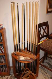 lot 209 image: Collection of 10 Billiard Pool Cues with Triangle Rack