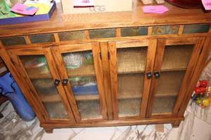 lot 212 image: Wooden Cabinet with Glass Panel Doors and Slate Accents