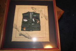 lot 232 image: Framed Fishing Vest with Flies Artwork