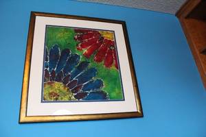 lot 267 image: Colorful Batik-Style Floral Artwork in Gold Frame