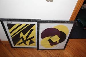 lot 271 image: Pair of Signed 1985 Abstract Geometric Art Prints in Frames