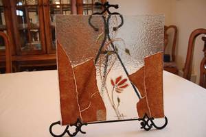lot 317 image: Handmade Glass Art Panel with Floral Design