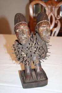 lot 335 image: Traditional African Nail Fetish Statue with Dual Faces