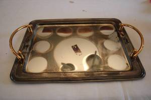 lot 347 image: Vintage Silver-Plated Serving Tray with Gold-Toned Handles