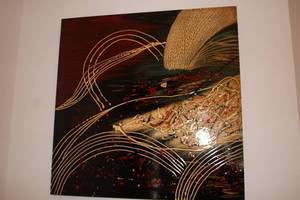 lot 353 image: Abstract Expressionist Painting with Bold Red and Gold Accents