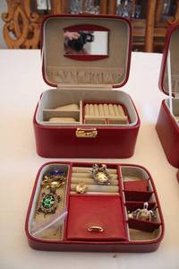lot 354 image: Red Jewelry Box with Mirror and Brooch Collection