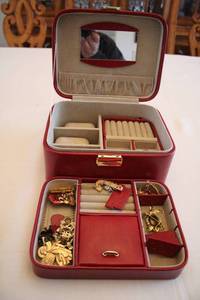 lot 355 image: Red Leather Jewelry Box with Assorted Brooches