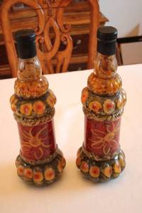 lot 361 image: Pair of Decorative Italian Glass Oil Bottles with Vibrant Red Floral Design
