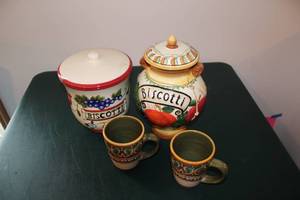 lot 402 image: Set of 2 Biscotti Jars and 2 Decorative Coffee Mugs