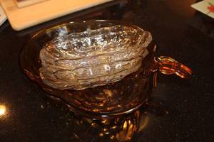 lot A-432 image: Vintage Amber Glass Dish Set with Matching Crystal Bowls