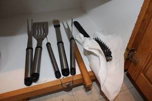 lot 438 image: Set of 5 Stainless Steel BBQ Grill Tools with Cleaning Brush