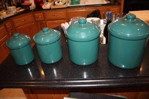 lot 441 image: Set of 4 Green Enamel Canisters with Lids
