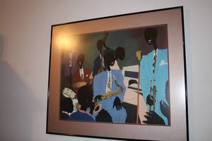 lot 486 image: Framed Jazz Band Artwork with Saxophonist