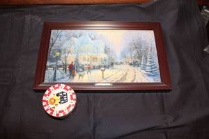 lot 518 image: Framed Winter Scene Artwork with Decorative Holiday Tin