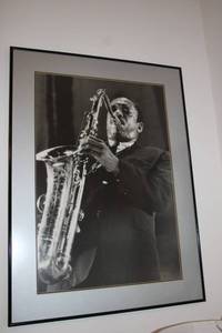 lot 529 image: Framed Black and White Jazz Saxophonist Print