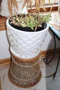 lot 535 image: Decorative Planter Set with White Ceramic Pot and Wicker Stand and African-Inspired Wall Art