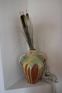 lot 553 image: Large Hand-Painted Ceramic Vase with Decorative Reed Sticks