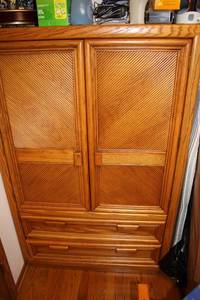 lot 572 image: Wooden Armoire with Cabinet Doors and Drawers