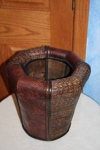 lot 575 image: Antique Woven Leather Basket with Leaf Design