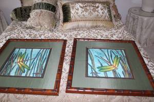 lot 578 image: Pair of Framed Dragonfly Art Prints with Bamboo Style Frame