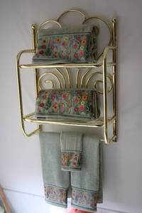 lot 604 image: Set of 3 Floral Embroidered Bath Towels on Decorative Gold Rack