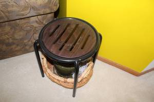 lot 612 image: Round Wood and Metal Side Table with Woven Basket and Green Planter