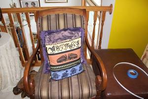 lot 618 image: Vintage Wooden Armchair with Striped Upholstery