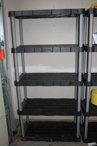 lot 626 image: Plastic Shelving Unit with Cleaning Supplies Bundle