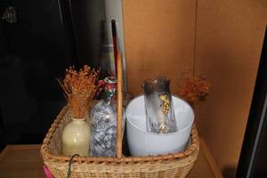 lot 648 image: Decorative Basket with Assorted Glass and Ceramic Items