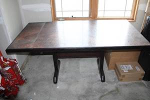 lot 656 image: Rectangular Marble-Look Dining Table with Dark Wood Base