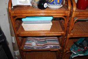 lot 680 image: Assorted Household Items Including Rattan Shelf and Ceramic Planter