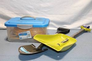 lot 12 image: Collection of Snow and Garden Shovels with Extension Cord Container
