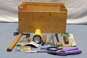 lot 17 image: Collection of Hand Tools and Accessories Including Flashlight, Paintbrushes, and Fire Starter