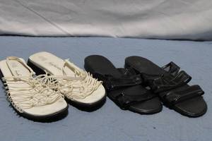lot 57 image: Set of 2 Womens Sandals - White Size 7.5 and Black Pair