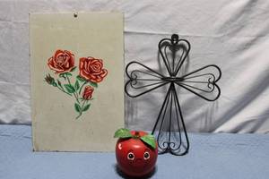 lot 71 image: Decorative Set Wire Cross, Apple Container, and Floral Art