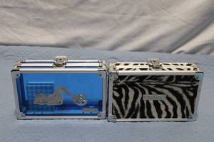 lot 74 image: Set of 2 Jewelry Cases with Faux Zebra Fur and Motorcycle Design