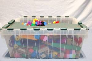 lot 81 image: Large Collection of Assorted Building Blocks in Storage Bin