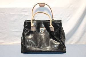 lot A-115 image: Guess Black Patent Leather Handbag with Taupe Handles