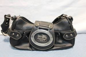 lot A-119 image: Coach Signature Black Leather Handbag with Silver Accents