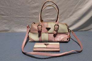 lot A-123 image: Prada Pink and Cream Croc Embossed Leather Handbag and Wallet Set