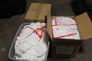 lot 160 image: Bulk Lot of Disposable Protective Coveralls with Red Trim